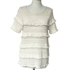 Women's Joie Cream Rafel Fringed Blouse Cotton Textured Tiered Crochet Top Large